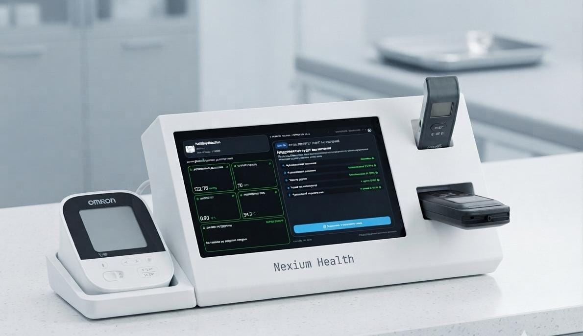 Терминал Nexium Health для предсменного и послесменного медосмотра — сенсорный экран, тонометр Omron, алкотестер и термопринтер